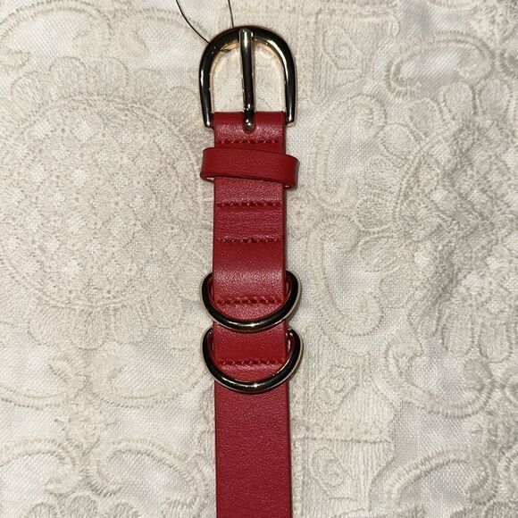 WHBM M Red Gold Tone Double D Detail Round Buckle Leather Pant Belt main image 6
